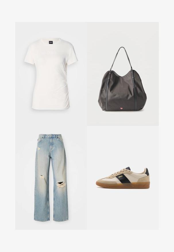 Weißes kurzärmliges T-Shirt aus weichem Baumwollmaterial; mit einem strukturierten "BOSS"-Logo auf der Vorderseite und einer gerafften Seitennaht.; Hellblaue, gerade geschnittene Jeans mit hoher Taille, Gürtelschlaufen und ausgefransten Rissen am linken Oberschenkel, rechten Knie und unteren linken Bein.; BOSS BRENTA - Sneaker low - medium beige; Schwarze weiche Tragetasche mit zwei verstellbaren Schultergurten und einem kleinen roten Herz-Emblem nahe der Basis vor einfachem Hintergrund.