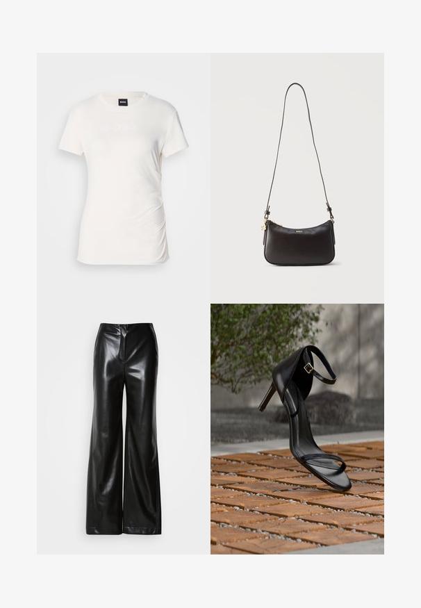 Camiseta blanca de manga corta hecha de algodón suave; presenta un logo texturizado de "BOSS" en el frente y un detalle de fruncido en el costado.; Pantalones de piel negros de pierna ancha con textura suave, cintura alta y cierre frontal oculto. Ajuste entallado con un acabado limpio.; Sandalia negra de tacón alto con correa en el tobillo, parece suspendida sobre un suelo de baldosas de madera al aire libre, con un fondo difuminado de vegetación y piedra.; Bolso bandolera de cuero negro con cremallera dorada, logotipo dorado "BOSS" y correa ajustable sobre fondo claro liso.