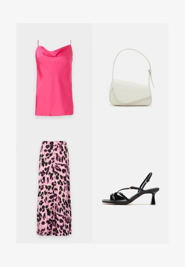 Top sin mangas de satén fucsia con escote drapeado y tirantes finos. Textura suave con un ligero caimiento, presenta un dobladillo recto en la parte inferior.; Falda rosa con un estampado de animal print que presenta acentos en negro, dorado y blanco. Tejido suave con un diseño fluido. Corte de longitud media.; Call it Spring DIANAH - Sandalias - black; Bolso de mano de imitación cuero blanco con una forma triangular estructurada, correa ajustable única y cierre con solapa acentuada en curva.