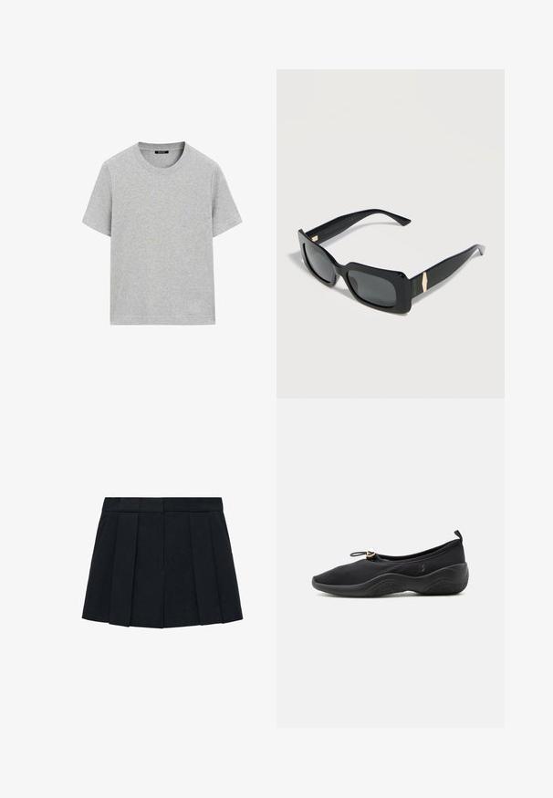 Lichtgrijs katoenen T-shirt met korte mouwen, ronde hals en normale pasvorm, plat gelegen tegen een witte achtergrond.; Zwarte geplooide rok van een stof met een gladde textuur. Beschikt over een gestructureerde tailleband en meerdere verticale plooien voor definitie.; Zwarte instapschoen met gestructureerde zool, elastische sluiting bovenaan en aantreklus aan de hiel voor gemakkelijk aan- en uittrekken.; Zwarte rechthoekige zonnebril met donkere glazen en gouden accenten op de dikke pootjes, weergegeven tegen een lichte achtergrond.