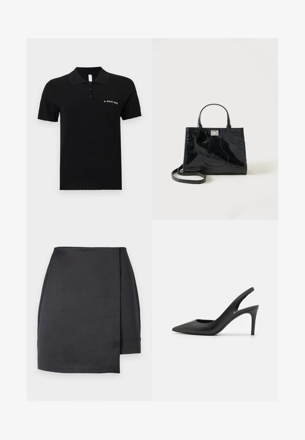 Polo noir en tissu tricoté, avec un col classique, des manches courtes, une patte de boutonnage à trois boutons et un texte brodé sur la poitrine.; Mini-jupe asymétrique noire avec un pan avant style portefeuille sur fond blanc.; Escarpins à talon aiguille en cuir noir, avec un design à bout pointu, présentant une découpure à l'avant et un talon fin.; Sac à main en cuir verni noir avec poignées arrondies, bandoulière détachable et fermeture à boucle argentée sur fond blanc uni.