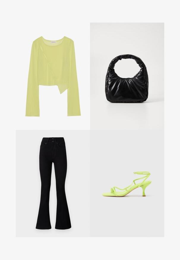 Crop top vert citron à manches longues avec un col rond et un ourlet asymétrique. Texture légère et côtelée avec des détails de surpiqûres décoratives.; Pepe Jeans FLARE CONTOUR - Jean flare - black denim; Sandale à talons hauts vert fluo avec un bout carré, des fines lanières, une boucle à la cheville et un talon courbé. Matériau lisse avec une finition brillante.; Sac à main noir rembourré avec une poignée arrondie, présentant une surface lisse et brillante ainsi qu'une texture douce et matelassée. Pas de quincaillerie ou d'accents visibles.