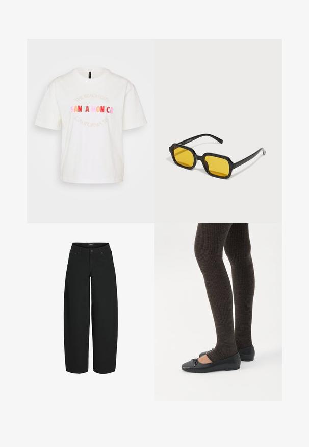 Witte katoenen T-shirt met korte mouwen. Bevat pastel gekleurde grafische tekst met de woorden "SANTA MONICA" en "CALIFORNIA '95" in verschillende kleuren.; Zwarte cropped jeans met wijde pijpen, voorzijde met knoop- en ritssluiting, voor- en achterzakken, merklabel op de tailleband.; Benen met donkere geribbelde leggings gecombineerd met zwarte ballerina's met kleine strikdetails op een witte achtergrond.; Zwarte rechthoekige zonnebril met gele lenzen. Kenmerken zijn onder andere dikke monturen en een hoekig ontwerp met een gladde, glanzende afwerking.