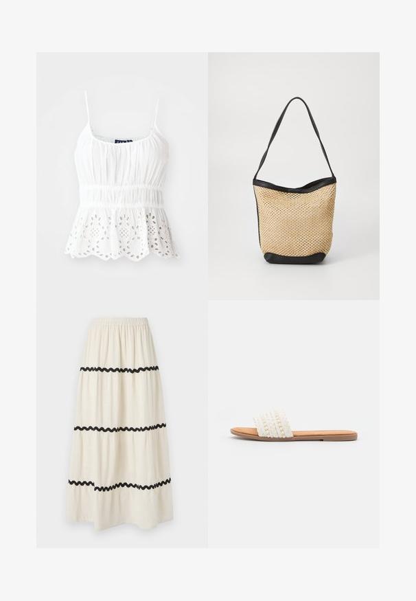 Camisole en coton blanc avec bretelles réglables, corsage smocké et ourlet en forme de vagues avec des découpes florales brodées.; Jupe longue à volants en tissu crème avec des bords ondulés noirs. Dotée d'une taille élastique pour plus de confort et d'un tomber fluide et léger.; Sandale à glissière tissée blanche avec une texture tressée et des perles décoratives, dotée d'une semelle intérieure lisse couleur tan et d'une semelle en caoutchouc plate.; Sac fourre-tout tissé en paille avec une texture naturelle, rehaussé d'une bordure en simili cuir noir et d'une bandoulière ; design ouvert.