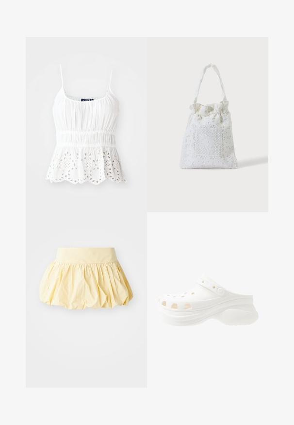 Camisole en coton blanc avec bretelles réglables, corsage smocké et ourlet en forme de vagues avec des découpes florales brodées.; Jupe en coton jaune avec un design volumineux et froncé, dotée d'une large ceinture. Sa texture lisse et son tissu léger lui confèrent une allure décontractée.; Sabot blanc en mousse avec talon surélevé, trous ronds pour la ventilation, sangle arrière réglable et semelle texturée pour l'adhérence.; Sac cabas en tissu blanc avec broderie florale en dentelle et anse supérieure froncée, présenté sur un fond clair uni.