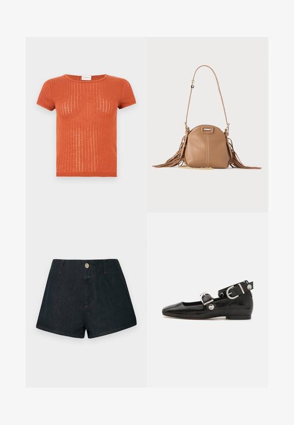 T-shirt à manches courtes côtelé de couleur rouille avec un motif subtil et un col arrondi. Texture douce et coupe ajustée.; Shorts en denim foncé taille haute, fermeture à boutons sur le devant, avec surpiqûres orange contrastantes. Poches standard à l'avant et à l'arrière.; Ballerine en cuir verni noir avec un bout carré, sangle de cheville avec des détails en métal argenté et semelle plate. Texture lisse avec un design minimaliste.; Petit sac à bandoulière en cuir fauve avec longue bandoulière, détail chaîne dorée et franges des deux côtés sur un fond neutre.