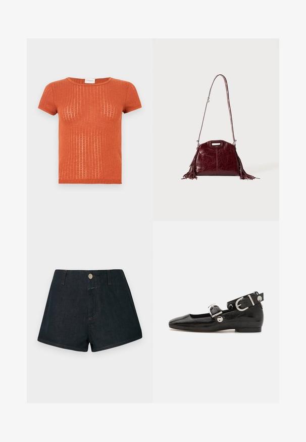 T-shirt à manches courtes côtelé de couleur rouille avec un motif subtil et un col arrondi. Texture douce et coupe ajustée.; Shorts en denim foncé taille haute, fermeture à boutons sur le devant, avec surpiqûres orange contrastantes. Poches standard à l'avant et à l'arrière.; Ballerine en cuir verni noir avec un bout carré, sangle de cheville avec des détails en métal argenté et semelle plate. Texture lisse avec un design minimaliste.; Sac à bandoulière en cuir rouge foncé avec des détails à franges et une bandoulière réglable avec boucle argentée sur un fond clair uni.