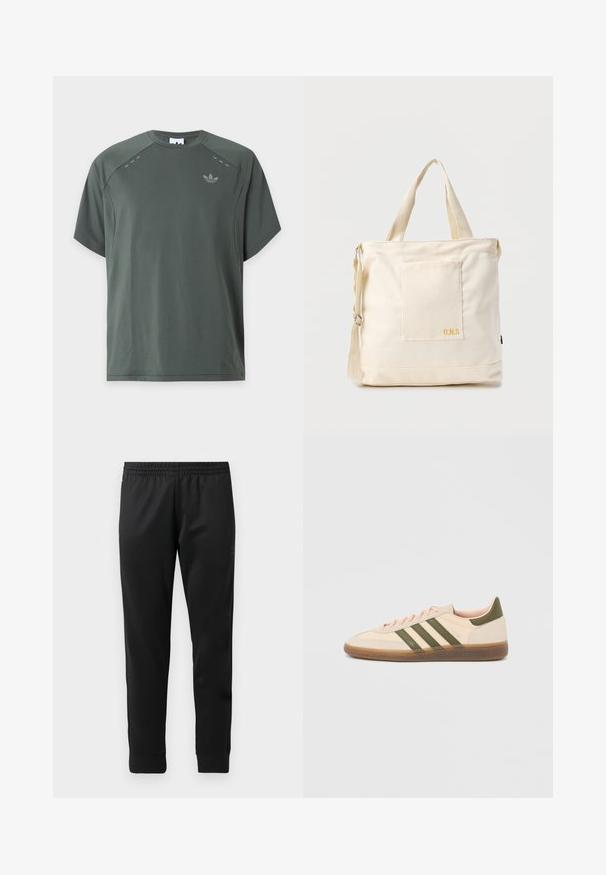 Tmavo zelené tričko s krátkym rukávom, okrúhlym výstrihom a malým logom Adidas na ľavej strane hrude na jednofarebnom svetlom pozadí.; Čierne športové nohavice vyrobené z hladkej tkaniny, vybavené elastickým pásom, zúženými nohavicami a rebrovanými manžetami na členkoch.; Nízky béžový tenisky Adidas Spezial so zelenými pruhmi, gumovou podrážkou a nápisom „SPEZIAL“ na boku, zobrazené z vonkajšej strany.; Krémová plátenná taška typu tote s predným vreckom, dvoma rukoväťami, nastaviteľným ramenným popruhom a malým žltým nápisom "O.N.S" v dolnom pravom rohu vrecka.