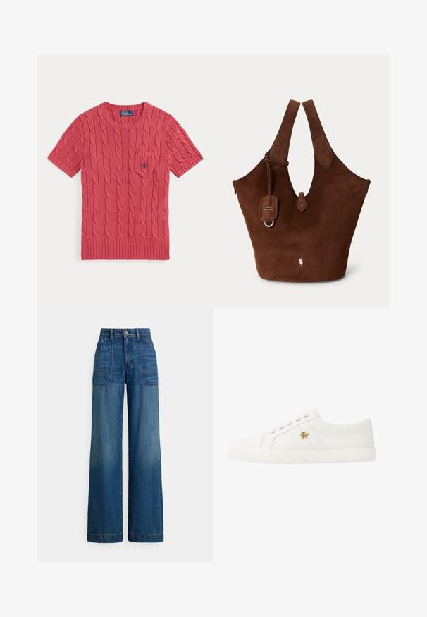 Kortærmet lyserød striktrøje med kabelmønster, lille frontlomme og blåt Polo Ralph Lauren-logo på lommen.; Højttaljede vidde ben jeans i mellemblå denim. Har lomme lapper foran og fremtrædende syninger. Glat, blød tekstur.; Lauren Ralph Lauren JANSON II CANVAS SNEAKER - Sneakers - optic white; Brun ruskindstaske med brede håndtag, frontknaplukning og lille Polo Ralph Lauren-logo nær bunden centrum.