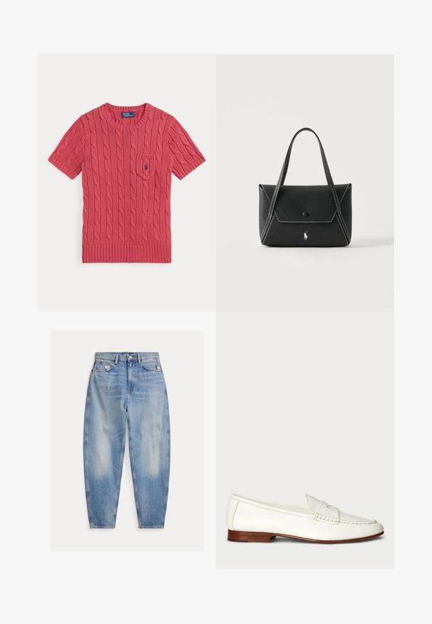 Roze gebreide trui met korte mouwen, kabelpatroon, klein voorzakje en blauw Polo Ralph Lauren-logo op het zakje.; Lichtblauwe high-waisted spijkerbroek met lichte vervaging en slijtage bij de voorzakken, vijfzakkenstijl en taps toelopende pijpen.; Witte leren instappers met een getextureerde afwerking, ronde neus en geweven accent. Lage houten hak en minimalistisch ontwerp.; Zwarte leren handtas met twee handvatten, klep aan de voorkant met knoopsluiting, witte stiksels en een klein paardenlogo op een effen achtergrond.