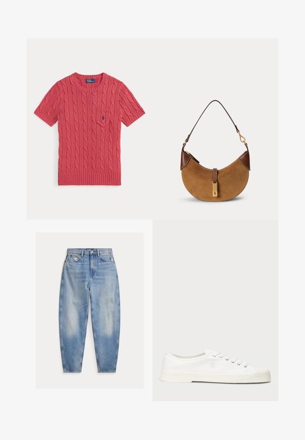 Kortærmet lyserød striktrøje med kabelmønster, lille frontlomme og blåt Polo Ralph Lauren-logo på lommen.; Lyseblå cowboybukser med høj talje med let falmning og slid nær forlommerne, fem-lomme stil og tilspidsede ben.; Hvide lærredssneakers med rund tå, snørelukning og diskret logo-detalje. Har en tekstureret overflade og gummisål.; Brun ruskind halv-måne taske med mørkebrune læderdetaljer, guldfarvet hardware og kort skulderrem.