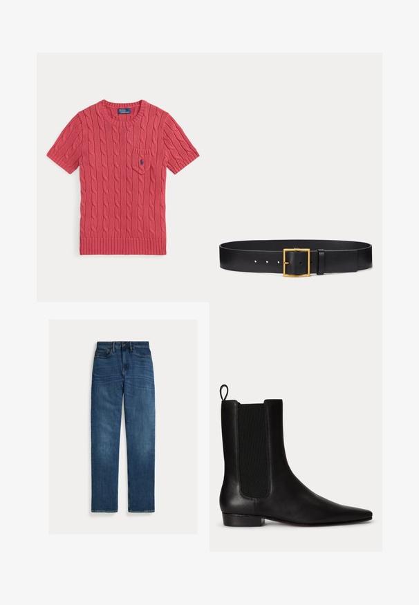 Kortærmet lyserød striktrøje med kabelmønster, lille frontlomme og blåt Polo Ralph Lauren-logo på lommen.; Straight-leg blå denim jeans med fem lommer, knaplukning og subtil falmning på lår og knæ, lagt fladt på hvid baggrund.; Sort læderankelstøvle med elastisk sidel panel, trækstrop bagpå, lav hæl og spids tå.; Sort læderbælte med firkantet guldlås og flere justeringshuller lagt fladt på en grå baggrund.