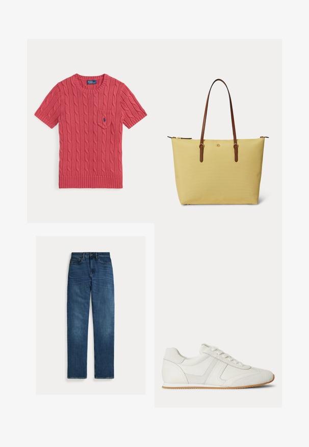 Lyhythihainen vaaleanpunainen neulepusero palmikkokuvioilla, pienellä etutaskulla ja sinisellä Polo Ralph Lauren -logolla taskussa.; Suorat siniset denim-farkut, joissa on viisi taskua, nappisuljenta ja hienovarainen haalistuma reiden ja polvien kohdalta, asetettuna tasaisesti valkoiselle taustalle.; Valkoinen matalan mallinen lenkkari, jossa etuosan nyöritys, mokka- ja nahkapaneelit sekä vaaleanruskea kumipohja valkoisella taustalla.; Keltainen kangaskassi, jossa on ruskeat nahkaiset olkahihnat ja pieni kultainen logo edessä, yksinkertaisella valkoisella taustalla.