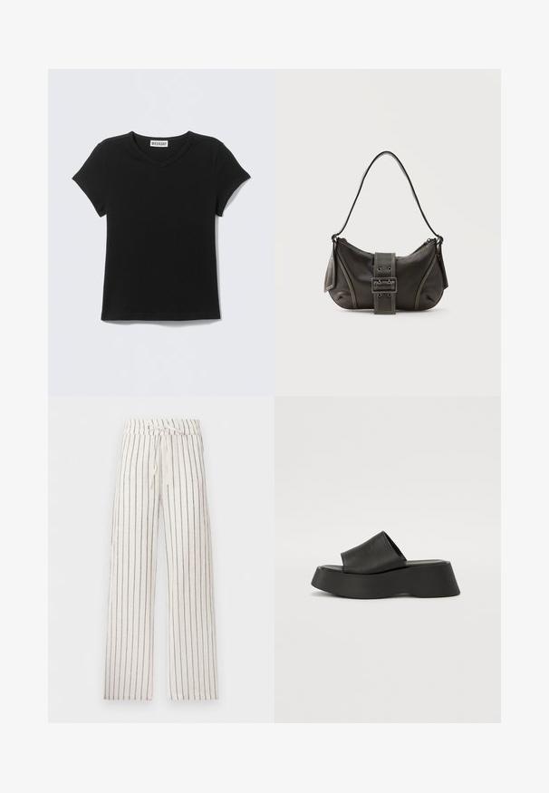 Camiseta negra de manga corta con cuello en V y etiqueta "WEEKDAY" en el cuello, colocada plana sobre un fondo gris claro.; Pantalones blancos de pierna ancha con finas rayas verticales negras y cinturilla con cordón.; Sandalias de plataforma negras con una correa ancha y suela gruesa. Fabricadas con material suave con un acabado mate y sin herrajes visibles.; Bolso de hombro de cuero negro con detalle de correa con hebilla, bordes curvos y costuras blancas en contraste sobre un fondo liso.