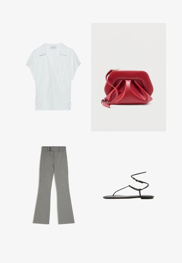 Blouse à col blanc en tissu lisse, avec des manches courtes et des détails froncés à la taille pour une coupe décontractée.; Pantalon sur mesure gris à fines rayures avec jambes évasées, bouton à l'avant et fermeture éclair dissimulée.; Sandale plate noire avec fines brides et fermeture à boucle autour de la cheville, design minimaliste, vue de côté sur fond blanc.; Pochette en cuir rouge avec cadre structuré et design plissé, dotée d'une bandoulière amovible pour le poignet et d'une fermeture à pression dorée.