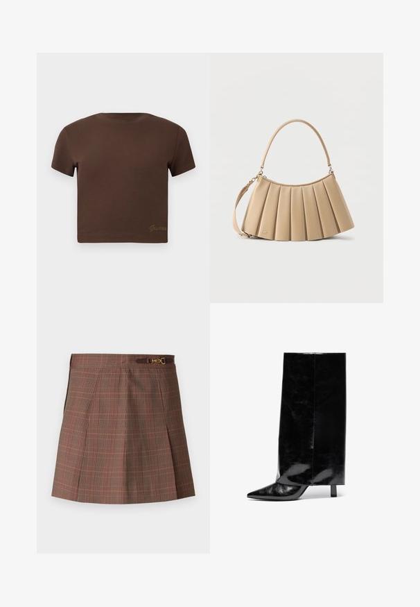 Brun cropped t-shirt lavet af blød bomuld, med korte ærmer og rund halsudskæring. Indeholder et diskret "Guess" logo i guld nederst.; Brunternet skørter med orange accenter, der har et plisseret design, en tætsiddende talje og en dekorativ guldfarvet detalje på bæltet.; Sorte læder ankelstøvler med spids tå og blokhæl, der har en høj, blank skaft og en tekstureret overflade på den nedre del.; Beige plisseret skuldertaske med afrundet top-håndtag og aftagelig rem, lavet af glat læder med diskret logo-detalje nær bunden.
