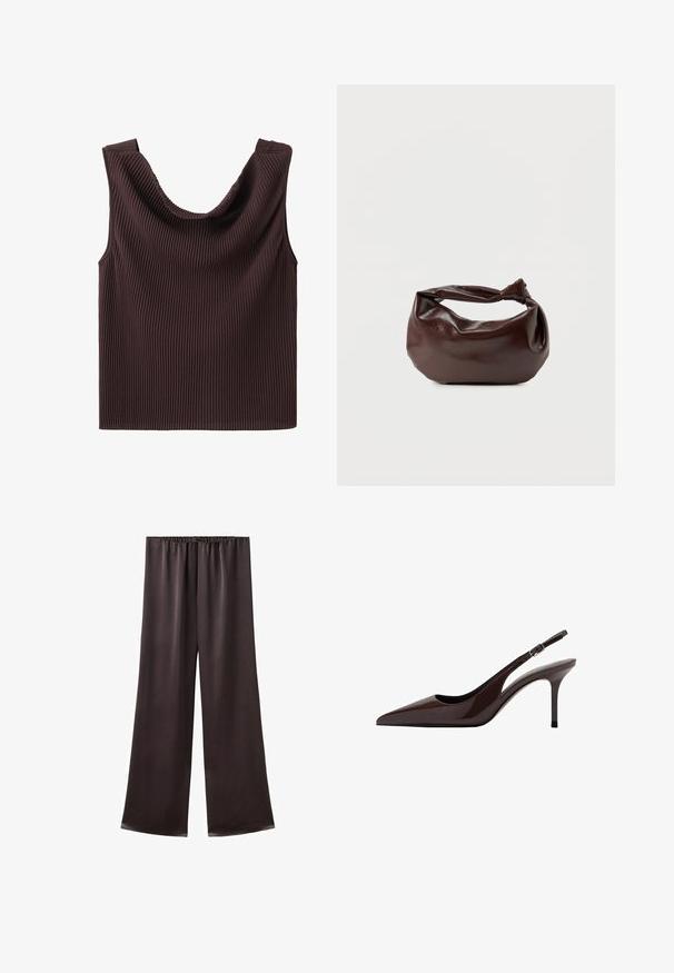 Haut en maille côtelée marron foncé sans manches avec larges bretelles et encolure dégagée drapée.; Pantalon en soie marron foncé, ample, avec une taille élastique et des jambes droites larges.; Talons slingbacks en cuir verni marron avec un bout pointu, un talon fin et une bride réglable. Texture lisse et finition brillante.; Sac bandoulière en cuir marron foncé avec une forme souple et décontractée et une anse nouée torsadée sur un fond blanc uni.