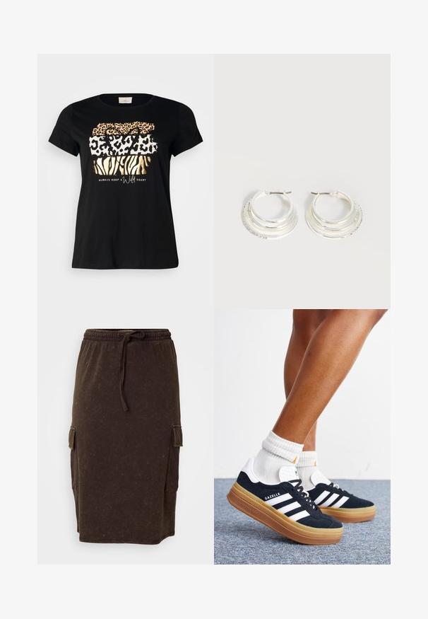 Sort bomulds t-shirt med rund hals, prydet med lagdelte dyreprint i guld, orange og hvid med teksten "hold altid et vildt hjerte."; Brun bomuldsblandings midi-nederdel med elastisk talje og snor. Sidelommer i cargo-stil og en afslappet pasform. Diskret tekstur.; Ben iført hvide sokker og sorte Adidas Gazelle sneakers med hvide striber og tykke brune såler på et gråt tæppe.; Sølv hoop øreringe med tre lagdelte halvcirkelformede bånd, hvoraf det ene er udsmykket med små klare krystaller på en lys baggrund.