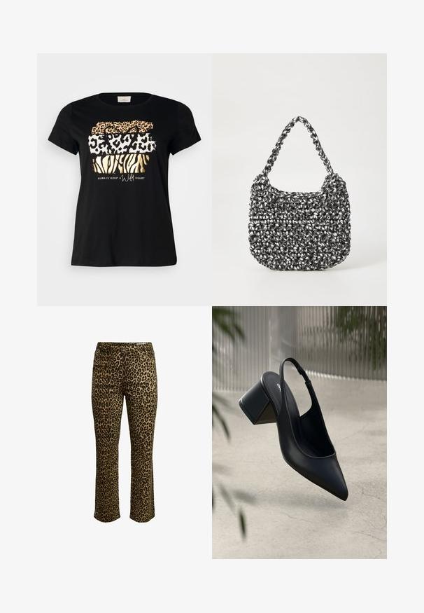 Schwarzes Baumwoll-T-Shirt mit Rundhalsausschnitt, das übereinanderliegende Tierdruckmuster in Gold, Orange und Weiß zeigt, versehen mit dem Text "Immer ein wildes Herz bewahren."; Leopardenmuster-Hosen mit schlankem Schnitt, Knopfverschluss und genähtem Bund mit leichtem Stretch für zusätzlichen Komfort.; Schwarze Leder-Slingback-Pumps mit spitzem Zehenbereich und Blockabsatz. Glatte Textur, minimalistisches Design und verstellbarer Knöchelriemen.; Gewebte Handtasche in Schwarz und Weiß mit runder Form, strukturiertem Oberflächenfinish und geflochtener Grifffläche. Geeignet für den lässigen Gebrauch.