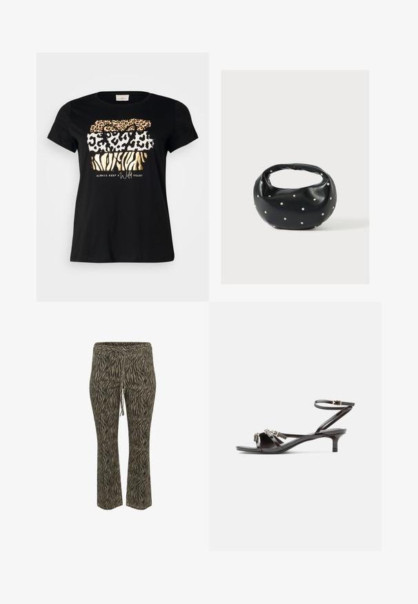 Sort bomulds t-shirt med rund hals, prydet med lagdelte dyreprint i guld, orange og hvid med teksten "hold altid et vildt hjerte."; Buks med elastisk talje og snøre i khaki og beige zebra mønster. Mellemhøj talje, flared ben design, blød tekstur. Velegnet til afslappet brug.; Sort sandaler i laklæder med tynde stropper, lille kitten-hæl og justerbar ankelspænde.; Sort læderhåndtaske med en rundet form, dekoreret med sølvnitter, og et kort håndtag. Glat tekstur og lynlåslukning.