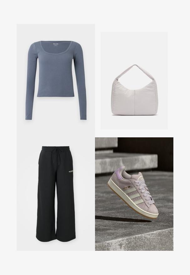 Langarm shirt met geribbelde structuur in leisteengrijs, met een ronde halslijn en een aansluitend ontwerp. Gemaakt van een zachte, rekbare katoenmix.; Zwarte sweatpants met wijde pijpen, gemaakt van zachte stof. Ze hebben een elastische tailleband met een trekkoord en een klein logo aan de linkerkant.; Lavendelkleurige Adidas Campus sneaker met witte strepen en een gumkleurige zool, zwevend boven betonnen trappen in zacht licht.; Lichtgrijze gewatteerde schoudertas met een gebogen vorm, voorzien van een enkele handgreep en een glad, gestructureerd oppervlak. Eenvoudig ontwerp zonder extra hardware.