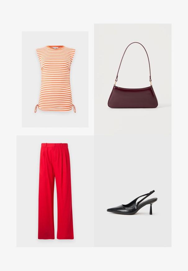 Top sin mangas a rayas horizontales naranjas y blancas con escote redondo y lazos laterales ajustables en el dobladillo.; Pantalones anchos rojos hechos de tela suave, con pliegues frontales, una cinturilla plana y una textura suave. Sin bolsillos ni patrones visibles.; Zapato de tacón alto negro de cuero con puntera afilada y tacón delgado sobre un fondo blanco.; Bolso brillante de color burdeos oscuro con un asa fina y única y una forma elegante de trapecio sobre un fondo claro y liso.