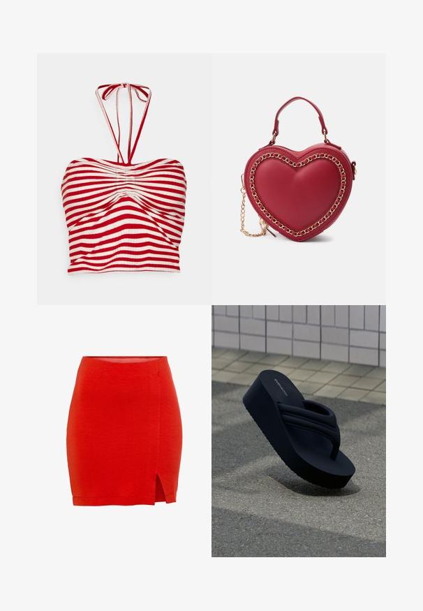 Pieces PCLAYA CROPPED TIE TUBE - Top - high risk red/bright white; Rød strikket nederdel med en tætsiddende pasform, der har en sideslids og en kant, der sidder lige over midt-lår. Glat tekstur, enkel konstruktion.; Sort flip-flop sandal med plateau og polstrede remme, placeret i en vinkel på tekstureret underlag med flisebeklædt væg i baggrunden.; Rød hjerteformet håndtaske lavet af glat læder med en guldkædeaccent og et top-håndtag, der har en aftagelig skulderrem.