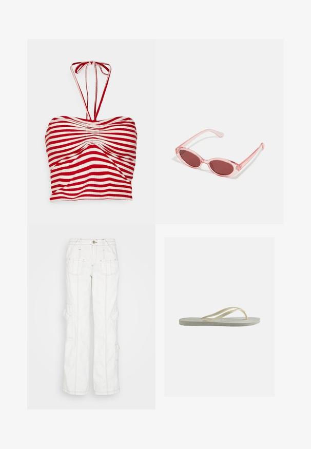 Pieces PCLAYA CROPPED TIE TUBE - Μπλούζα - high risk red/bright white; BDG Urban Outfitters Τζιν χαλαρής εφαρμογής - white; Μονό απαλό λευκό λαστιχένιο σαγιονάρι με λεπτούς ιμάντες και υφή στην πέλμα, εμφανιζόμενο από το πλάι σε απλό φόντο.; Ροζ διαφανή γυαλιά ηλίου με ωοειδείς φακούς, σκούρο κόκκινο τόνισμα και κομψούς βραχίονες, με απαλή υφή και διακριτές λεπτομέρειες στο σκελετό.