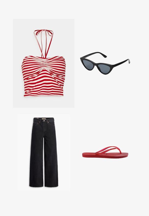 Pieces PCLAYA CROPPED TIE TUBE - Débardeur - high risk red/bright white; Jean noir à jambe large en denim, comportant cinq poches, des rivets en laiton et une fermeture à bouton classique. Texture lisse avec un design épuré.; Tongs en caoutchouc rouge avec semelle texturée et fines brides brillantes sur fond blanc.; Lunettes de soleil noires en forme d'œil de chat avec des verres gris foncé, monture en plastique élégante, coins pointus et branches droites. Pas de métal visible ni d'accents.
