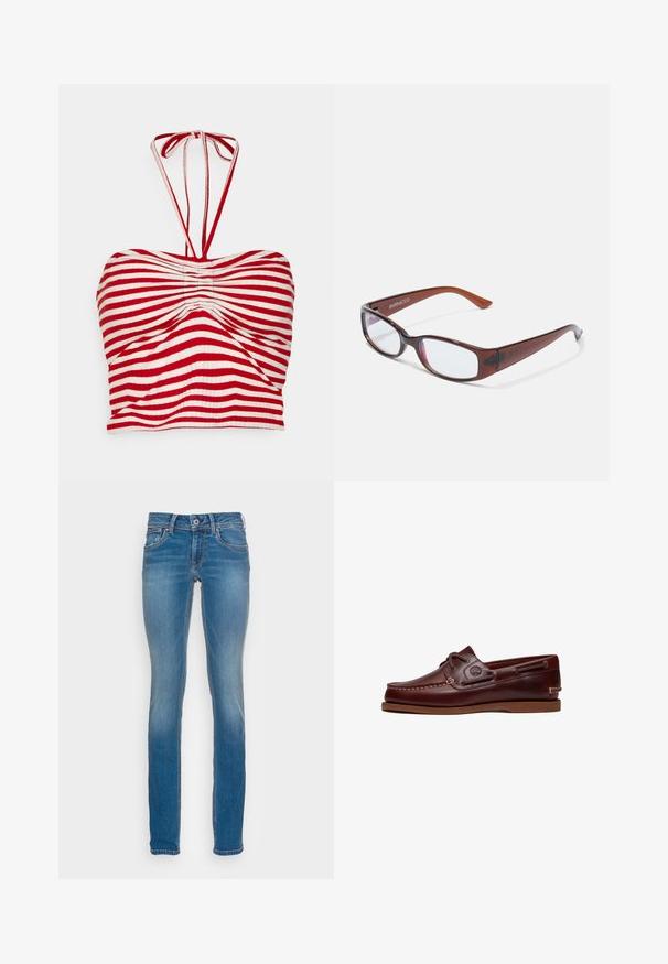 Pieces PCLAYA CROPPED TIE TUBE - Top - high risk red/bright white; Lichtblauwe denim jeans met een slim fit, vijf zakken en contrasterende oranje stiksels, met een knoop- en ritssluitingen.; Bruine leren boot schoen met veters, stiksel details en Timberland-logo aan de zijkant, weergegeven op een witte achtergrond.; Bruin getinte rechthoekige brillen met een glanzende afwerking, met slanke pootjes en doorzichtige glazen. Logo zichtbaar op de linkertempel.