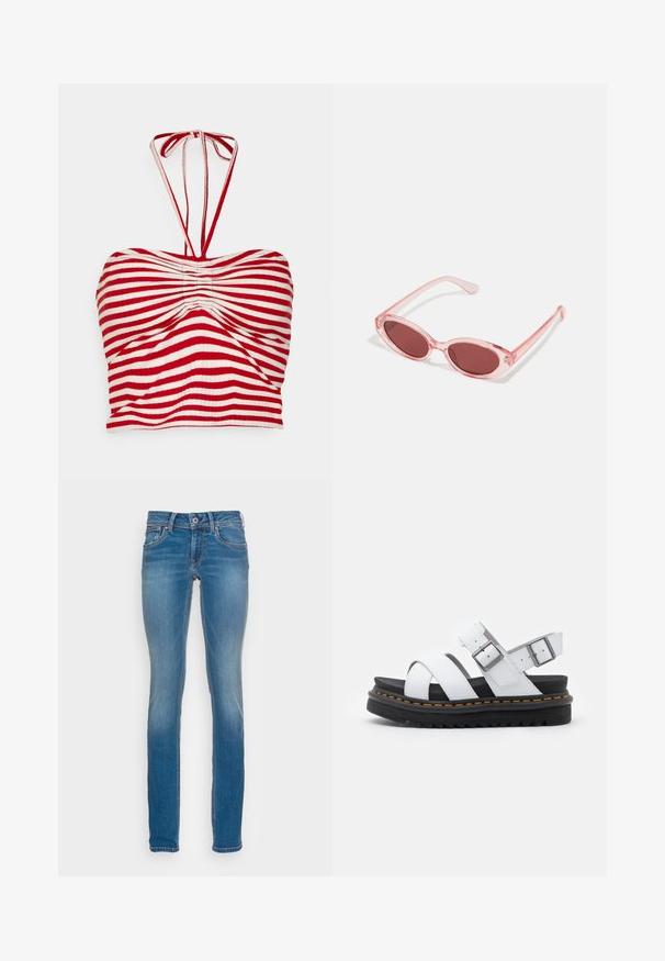 Pieces PCLAYA CROPPED TIE TUBE - Top - high risk red/bright white; Lichtblauwe denim jeans met een slim fit, vijf zakken en contrasterende oranje stiksels, met een knoop- en ritssluitingen.; Witte leren sandalen met verstelbare gespsluitingen, gelaagde zwarte plateauzool en oranje stiksel langs de rand.; Roze transparante zonnebril met ovale lenzen, donkerrode tint en slanke pootjes, met een gladde afwerking en subtiele details op het frame.