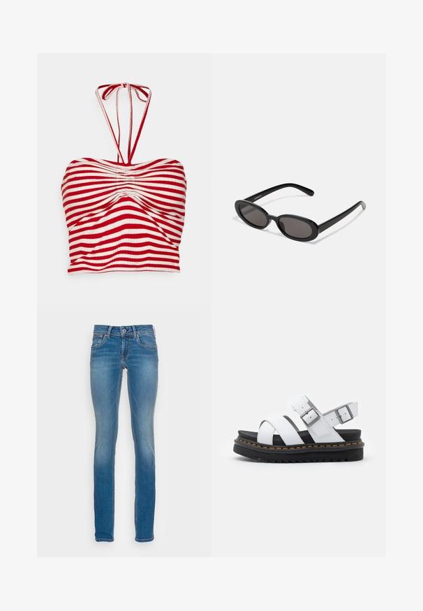 Pieces PCLAYA CROPPED TIE TUBE - Top - high risk red/bright white; Lysblå denimjeans med slim fit, fem lommer og kontrasterende orange syninger, med knap- og lynlåslukning.; Hvide lædersandaler med justerbare spænder, lagdelt sort platformssål og orange syning langs kanten.; Even&Odd Solbriller - black