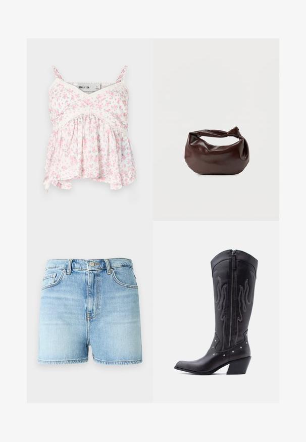 Débardeur floral avec un fond blanc orné de fleurs roses et vertes, des accents en dentelle, un corsage ajusté et un bas fluide et ample.; Shorts en denim bleu clair, présentant une taille haute, un design classique à cinq poches, et un ourlet effiloché avec une texture légèrement délavée.; Bottes de cow-boy en cuir noir avec bout pointu, coutures apparentes, ornements à clous argentés et fermeture éclair sur le côté intérieur.; Sac bandoulière en cuir marron foncé avec une forme souple et décontractée et une anse nouée torsadée sur un fond blanc uni.