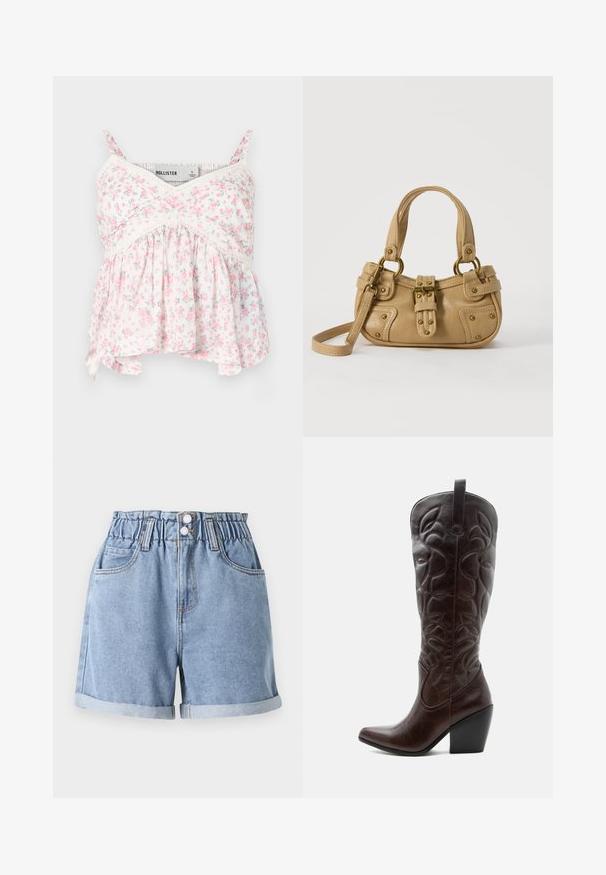Blomster tanktop med hvid baggrund og pink og grønne blomster, blonde detaljer, en tætsiddende overdel og en løs, svævende bundkant.; Lysblå denimshorts med elastisk talje, to frontlommer, opsmøgede kanter og dobbeltknaplukning. Glat tekstur, afslappet design.; Høj mørkebrun læder cowboystøvle med syede dekorative mønstre, spids tå og stablet blokhæle.; Beige læderhåndtaske med dobbelte håndtag, messing spænde og nitte detaljer samt en justerbar skulderrem mod en hvid baggrund.