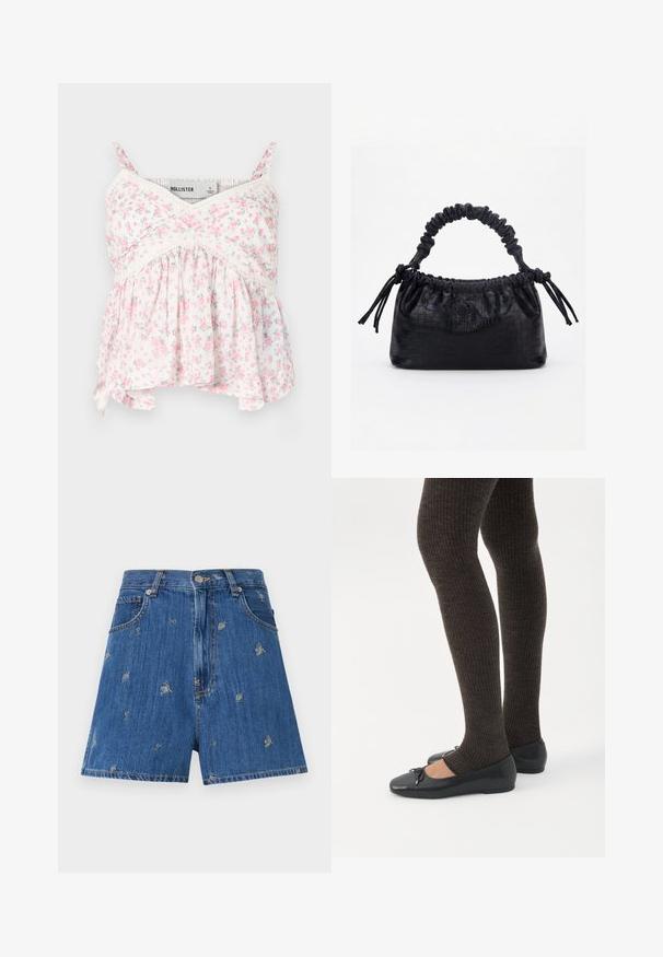 Lillelille lillepitsiga top, millel on valge taust roosade ja roheliste lilledega, pitsaktsendid, vormitud bodi ning lahtine, voolav alumine äär.; Keskmise sinise tooniga denim lühikesed püksid, millel on tikitud lille- ja liblikamustrid. Omab klassikalist viie tasku disaini ja nööbiga sulgemist.; Jalad seljas tumedad soonelises soonelises kombines mustade baleriinadega, millel on väikesed paelade detailid valgel taustal.; Must käekott krokodillinaha tekstuuriga, voltis ülaservaga, kogutud sangaga ja kummipaeladega tutsidega igal küljel valgel taustal.