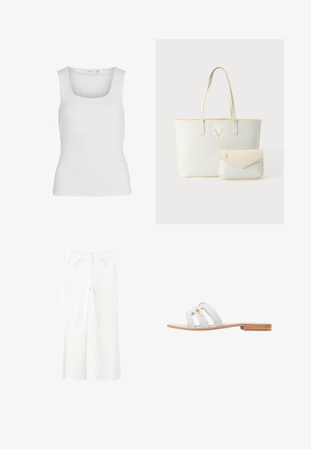 Hvid ærmeløs tanktop med firkantet udskæring, glat tekstur og tætsiddende design. Fremstillet af letvægtsmateriale.; Hvide jeans med høj talje og lige ben, fem-lommer design, knaplukning og rå kantdetalje ved anklerne.; Grå lædersandal med tre udskårne stropper, flad træsål og et guldlogo på den øverste strop.; Hvid tote taske med et mønstret tekstur og guldhardware, ledsaget af en lille matchende pung med klaplukning.
