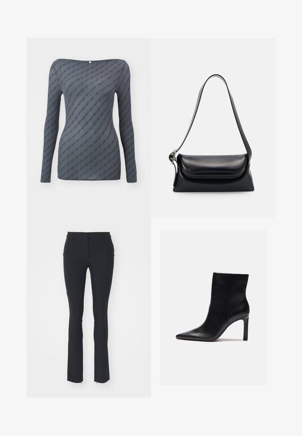 T-shirt à manches longues gris avec une coupe ajustée, comportant un motif de logo répété et un large décolleté, fabriqué à partir d'un tissu léger et doux.; Pantalons noirs extensibles avec un design ajusté, présentant une texture lisse, une coupe droite et de petites fermetures éclair sur le côté à l'ourlet.; Zign by Zalando Bottines à talons hauts - black; Sac à main en cuir noir avec une forme structurée, une texture lisse et une seule bandoulière. Présente un design de rabat arrondi et subtil.
