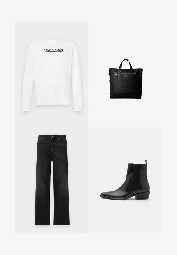 Chemise blanche à manches longues en coton, arborant un logo noir "CALVIN KLEIN" sur la poitrine et un col rond. Texture lisse.; Jean noir droit avec cinq poches, passants pour ceinture et fermeture par bouton, présenté sur un fond blanc.; Zign by Zalando LEATHER - Bottines de cowboy / motard - black; Sac cabas noir avec doubles poignées, grande poche avant en cuir avec fermeture éclair et logo discret Calvin Klein au centre de la poche.