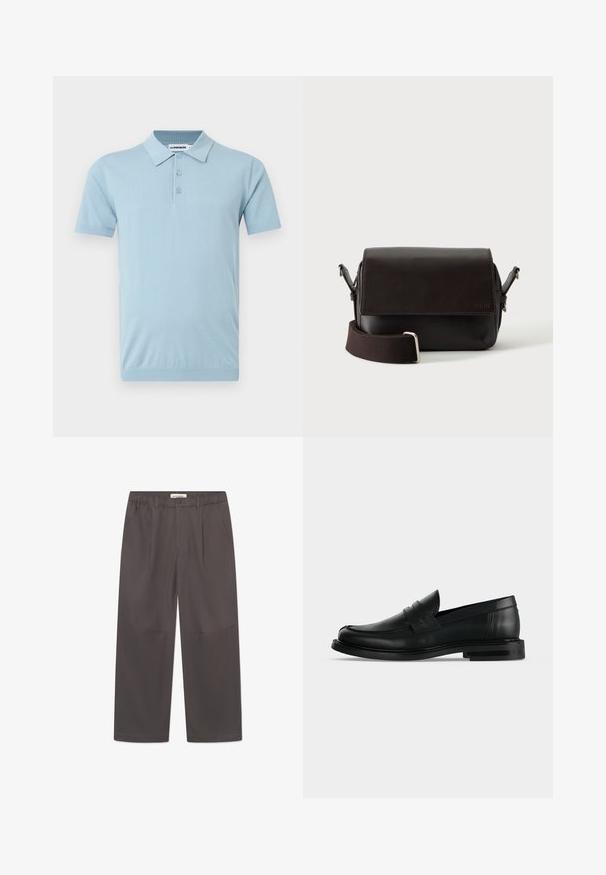 Lyseblå polo med korte ærmer, tre knapper og krave, med subtil logo-broderi på venstre bryst.; Grå, vide bukser lavet af glat stof, med knaplukning og to sidelommer. Simpelt, rent design uden synlige mønstre.; Sort læder herre penny loafer med lav stablet hæl og rundet tå vist fra siden på lys grå baggrund.; Mørkebrun lædertaske med flaplukning og justerbar stofrem på hvid baggrund.