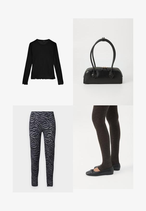 Chemise noire à manches longues avec col ras du cou, bords festonnés aux manches et à l'ourlet, posée à plat sur un fond blanc.; Legging ajustés en noir et gris avec un motif zèbre. Fabriqués en tissu lisse et extensible. Conception à longueur complète.; Jambes portant des leggings côtelés foncés associés à des ballerines noires avec de petits détails en nœud sur fond blanc.; Sac à main en cuir noir avec deux anses allongées, fermeture éclair et forme arrondie ; texture lisse avec une finition légèrement brillante.