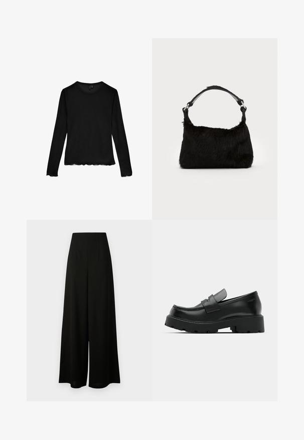 Schwarzes Langarmshirt mit Rundhalsausschnitt und geschwungenen Kanten an Ärmeln und Saum, flach auf einem weißen Hintergrund ausgelegt.; Vero Moda Tall VMLIVA SUPER WIDE PANTS - Stoffhose - black; Schwarze Leder-Loafers mit einer chunky strukturierten Sohle, ausgestattet mit einem Riemen über dem Spann und einer glatten, polierten Oberfläche.; Schwarze Kunstfell-Handtasche mit weicher Textur, runder Form und einem stabilen schwarzen Leder-Schulterriemen. Sichtbare silberne Hardware-Akzente.