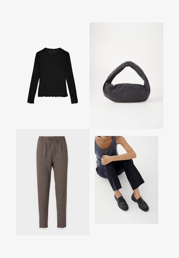 Camiseta negra de manga larga con cuello redondo y bordes en forma de ondas en las mangas y el dobladillo, colocada plana sobre un fondo blanco.; Pantalones marrones entallados con cintura de cordón y trabillas, hechos de tela texturizada, mostrados sobre un fondo blanco sencillo.; Mocasines de cuero negro con detalles texturizados, tacón bajo, puntera redonda y costuras visibles. Modelo vistiendo pantalones oscuros y una blusa gris.; Bolsa de tela gris oscuro con un asa curva, textura suave y forma redondeada. Sin hardware ni adornos visibles.