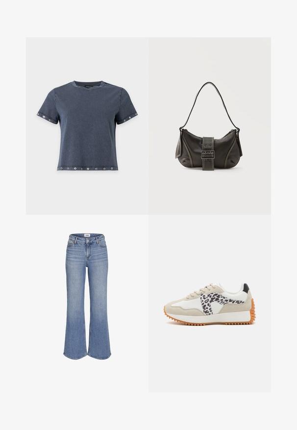Mørkegrå t-shirt med korte ærmer med metaløjer på ærmer og kant, rund halsudskæring og en afslappet pasform.; Højtaljede, lyseblå denimjeans med vide bukseben og frontknaplukning.; Beige og hvid sneaker med et leopardtryk-panel, tekstureret ruskind og gummisål med riller for greb. Snørebånd og polstret krave inkluderet.; Sort læder skuldertaske med spænde på remmen, afrundede kanter og kontrasterende hvide syninger på en ensfarvet baggrund.