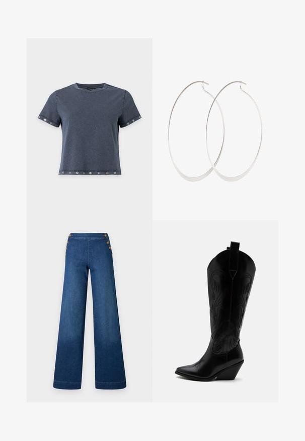 Mørkegrå t-shirt med korte ærmer med metaløjer på ærmer og kant, rund halsudskæring og en afslappet pasform.; Denimbukser med vidde i benene i mørkeblå. Har en flad front med fem knapper i gylden tone til lukning. Glat tekstur med en klassisk finish.; Sort læder cowboystøvle med spidst tåparti, skråt blokhælhæl, dekorative sømme og trækstropper øverst mod hvid baggrund.; Sølv hoops øreringe med et tyndt, glat design; langstrakt oval form; poleret finish; har en sikker krog lukning.