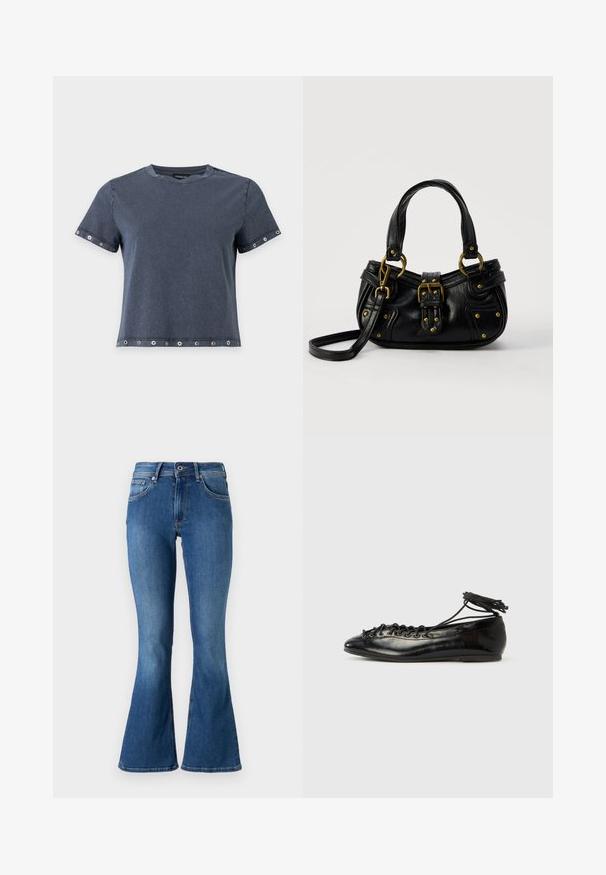 Mørkegrå t-shirt med korte ærmer med metaløjer på ærmer og kant, rund halsudskæring og en afslappet pasform.; Bredde blå denim jeans med en mellemhøj talje, der har fem lommer, en knaplukning og diskret falmning langs benene.; Sorte balletflade sko i laklæder med rundet tå, snørelukning og flad sål. Glat tekstur med få detaljer.; Sort læderhåndtaske med guldbælge og nitdetaljer, korte håndtag og en justerbar skulderrem på en ensfarvet hvid baggrund.