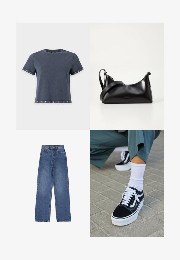 Dunkelgraues T-Shirt mit kurzen Ärmeln und Metallösen an Ärmeln und Saum, Rundhalsausschnitt und lockerer Passform.; Jeans aus Denim mit hoher Taille und weitem Bein, in einer klassischen blauen Waschung, mit sichtbaren Nähten und metallischen Verzierungen an der Vordertasche.; Schwarze Wildledersneaker mit weißen Akzenten und Schnürsenkeln, ausgestattet mit einer dicken weißen Sohle und kontrastierenden Nähten, kombiniert mit einer weißen Socke.; Schwarze lederne Handtasche mit glatter Textur. Verfügt über einen verstellbaren Riemen und ein elegantes, minimalistisches Design mit einem Reißverschluss.