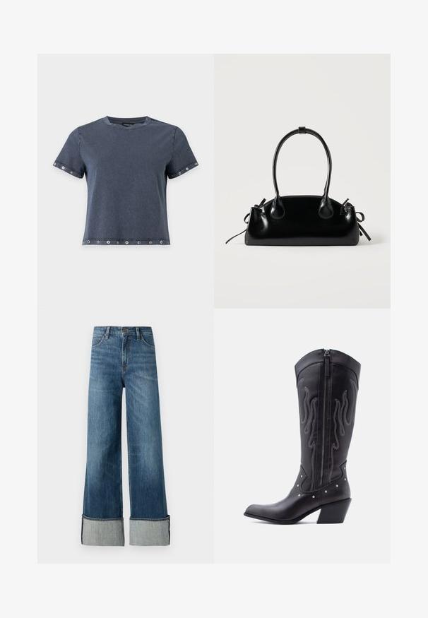 Donkergrijze T-shirt met korte mouwen en metalen oogjes op mouwen en zoom, ronde hals en een relaxte pasvorm.; Lee STELLA - Wide leg - richter; Zwarte leren cowboylaarzen met een puntige neus, zichtbare stiksels, zilveren studaccenten en een ritssluiting aan de binnenkant.; Kleine zwarte glanzende handtas met twee lange hengsels en zijkant trekkoord details op een effen lichte achtergrond.