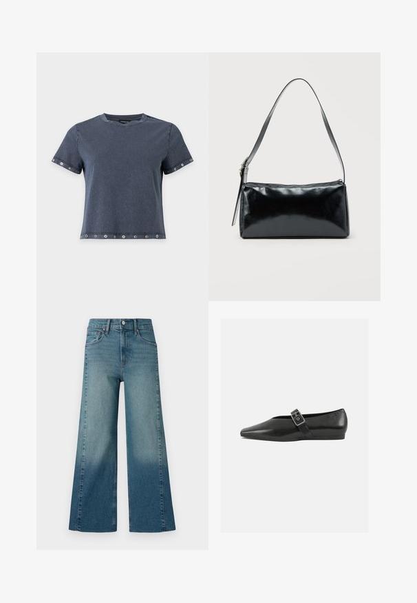 T-shirt gris foncé à manches courtes avec œillets métalliques aux manches et à l'ourlet, col rond et coupe décontractée.; Jeans à jambe large dans un délavage bleu moyen, présentant un effet dégradé du plus foncé au plus clair. Fabriqués en denim avec un design traditionnel à cinq poches.; Chaussure plate en cuir noir avec un orteil pointu, présentant une sangle à boucle métallique sur le cou-de-pied et une semelle basse et flexible.; Sac d'épaule rectangulaire noir avec une sangle réglable unique et une fermeture éclair supérieure sur un fond uni.