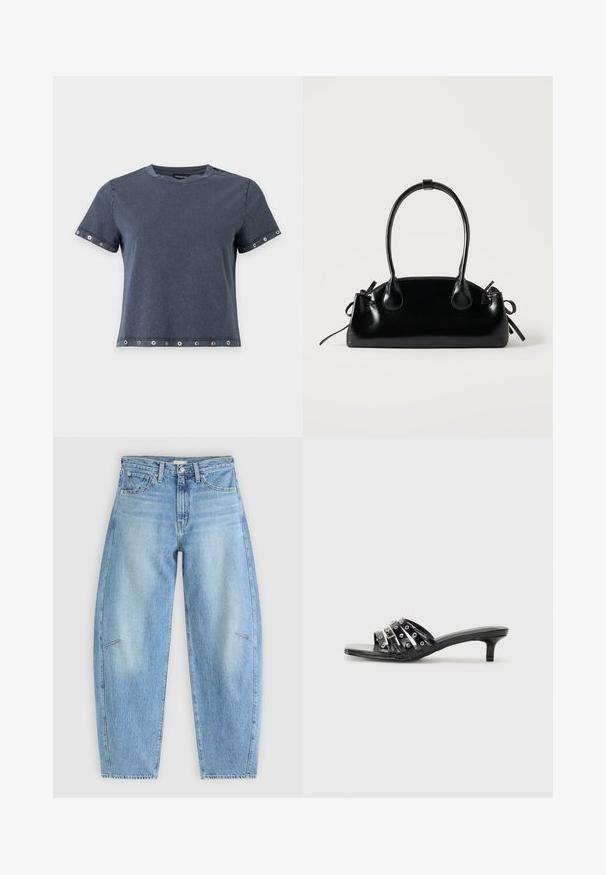 Donkergrijze T-shirt met korte mouwen en metalen oogjes op mouwen en zoom, ronde hals en een relaxte pasvorm.; Lichtblauwe denim jeans met een relaxte pasvorm, met een hoge taille, rechte pijpen en subtiele stiksels op de voorzakken.; Zwarte hoge sandaaltjes met meerdere glanzende banden en metallic accenten, met een puntige neus en bescheiden kitten heels. Gladde textuur.; Kleine zwarte glanzende handtas met twee lange hengsels en zijkant trekkoord details op een effen lichte achtergrond.