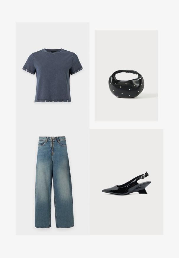 Mørkegrå t-shirt med korte ærmer med metaløjer på ærmer og kant, rund halsudskæring og en afslappet pasform.; Vidde ben denim jeans i en lys blå vask. Har en lynlås med knaplukning og subtil falming for et brugt look.; Sort laklæder slingback sko med spids tå og lav vinklet blokhæl på ensartet lys baggrund.; Sort læderhåndtaske med en rundet form, dekoreret med sølvnitter, og et kort håndtag. Glat tekstur og lynlåslukning.